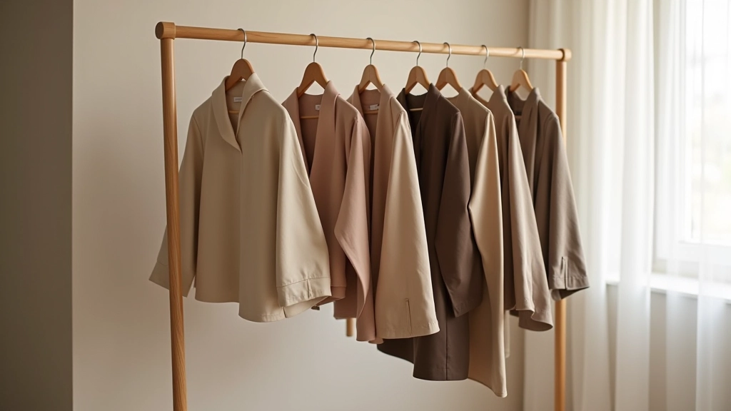 Close-up of carefully organized capsule wardrobe items hanging on wooden rack in natural light