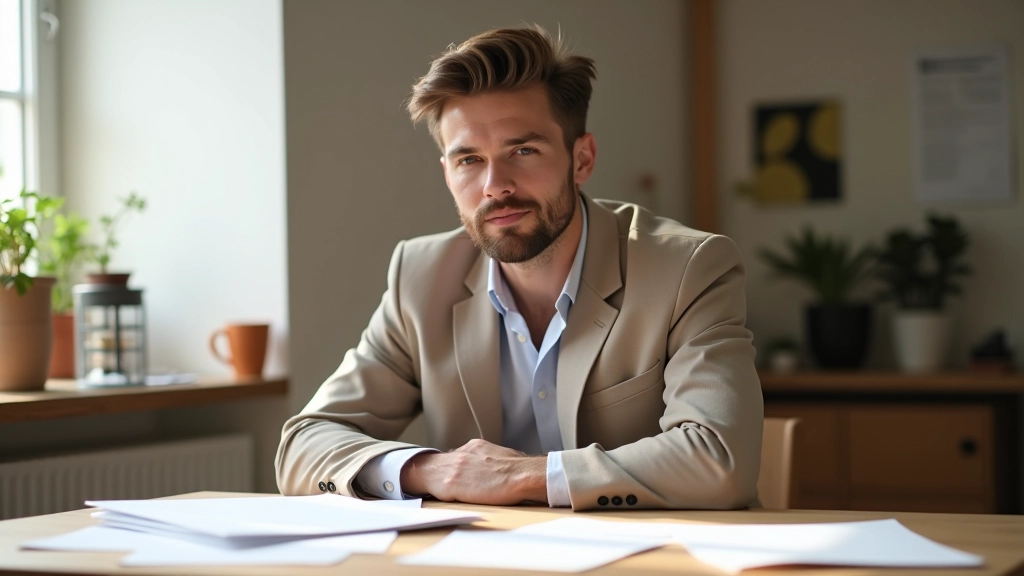 Creative professional at wooden desk with design sketches, color palette samples, and notebook in bright coworking space, natural window lighting, upper body shot