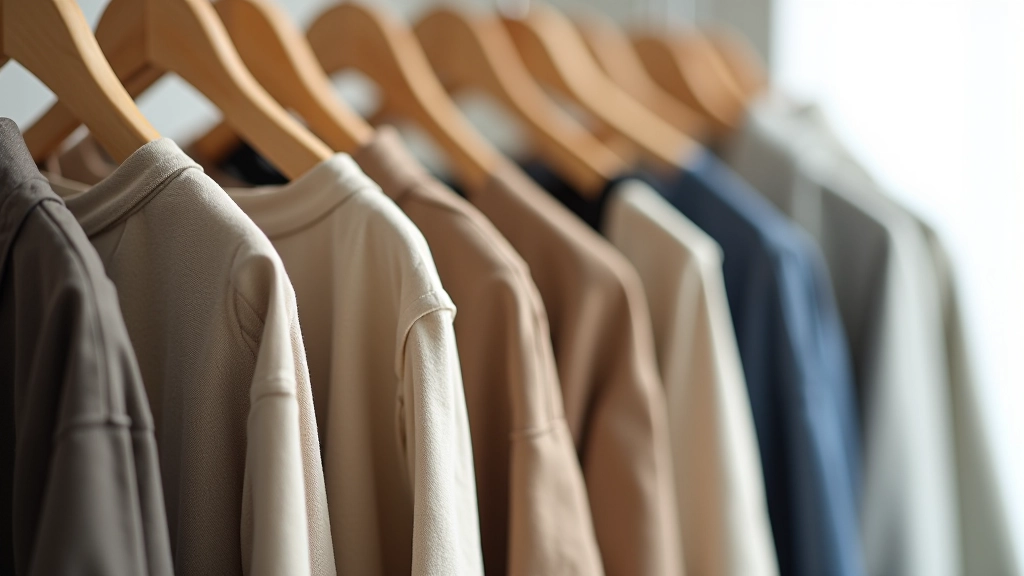 Detail shot of quality neutral trousers and jeans hanging on wooden hangers, textile texture visible, natural window lighting, clean studio background, sharp focus, NO text, NO watermarks