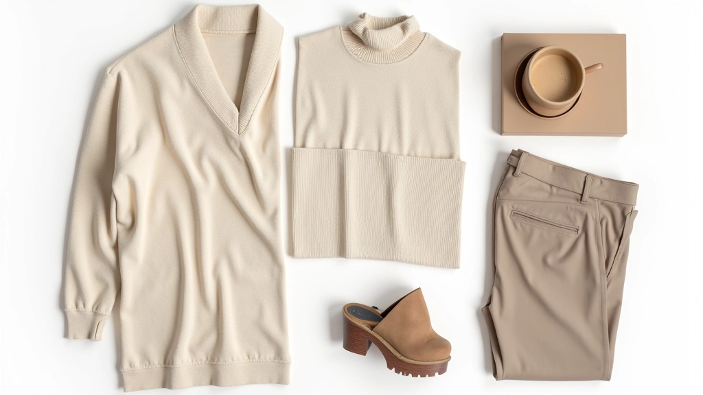 Flat lay of carefully styled neutral clothing pieces in soft natural light including sweater, trousers, and accessories arranged on white background