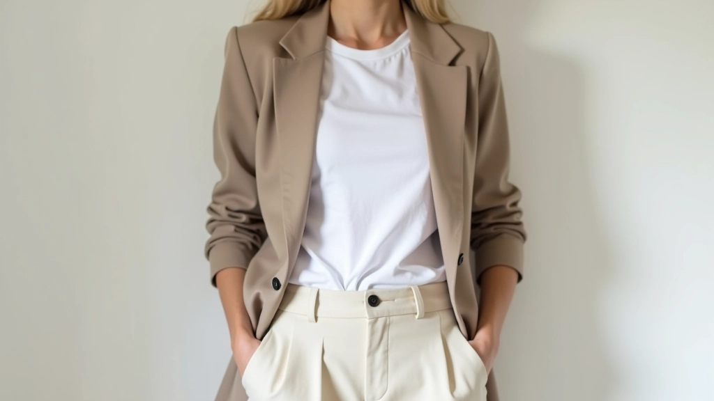 Close-up of neutral-toned layered clothing showing texture contrast between structured blazer and soft cotton tee