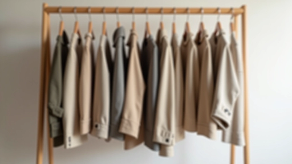 Organized minimalist wardrobe with neutral tones, tailored pieces hanging on rack in natural light studio setting, sharp focus, professional arrangement