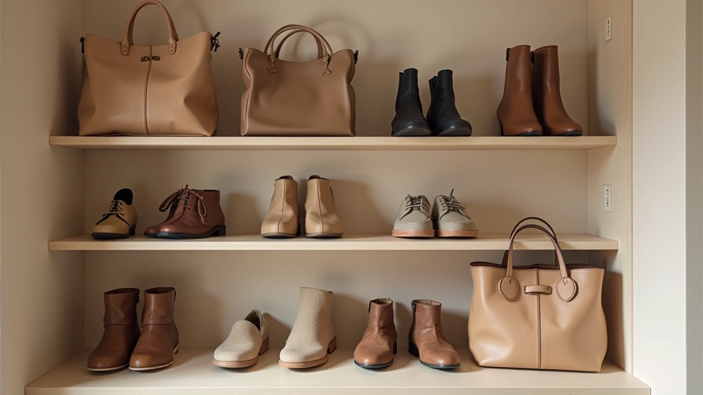 Organized shelf display of neutral shoes and accessories neatly arranged, professional photography of leather shoes and bags, soft studio lighting, minimalist styling, sharp focus, NO text, NO watermarks