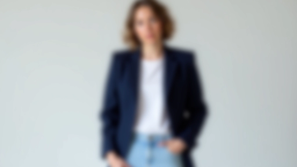Person wearing navy structured blazer over white cotton tee and light-wash jeans, standing in natural light showing proper fit and proportions