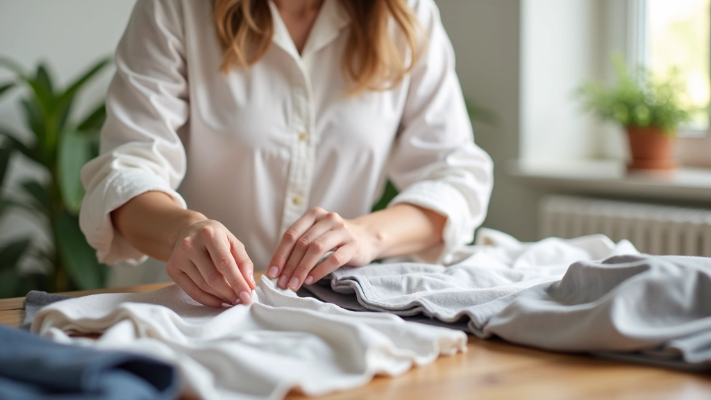 Woman's hand organizing clothing pieces on wooden table, showing layering combinations and styling options