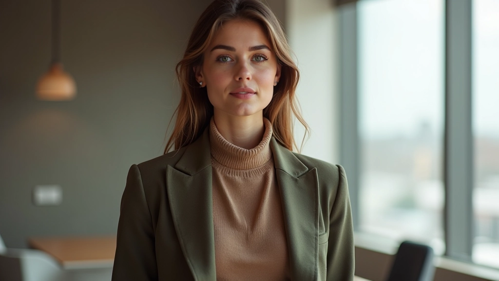 Woman styled in layered structured and relaxed pieces in modern office setting
