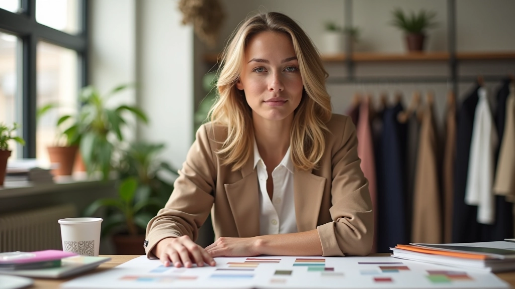 Austėja working at her desk surrounded by fabric swatches, notebooks, and style inspiration boards in a bright studio setting